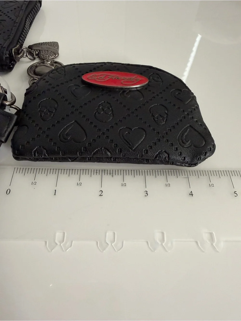 Ed Hardy Black Faux Leather Detachable Wristlet Keychain Pouch Hearts Skulls